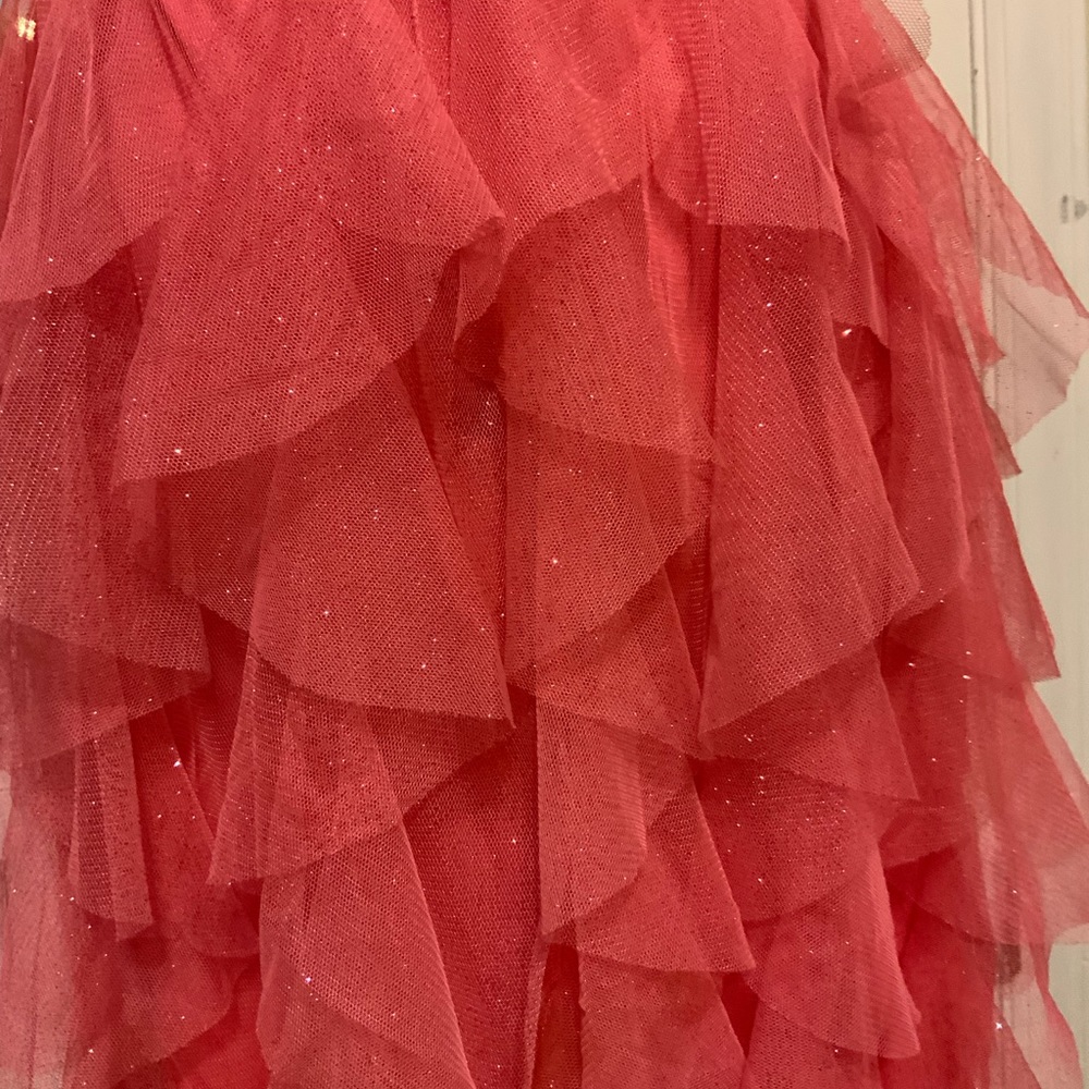 EUC Deb Strapless Coral Sparkly ruffles Prom/ Cocktail mini Dress - Picture 4 of 9